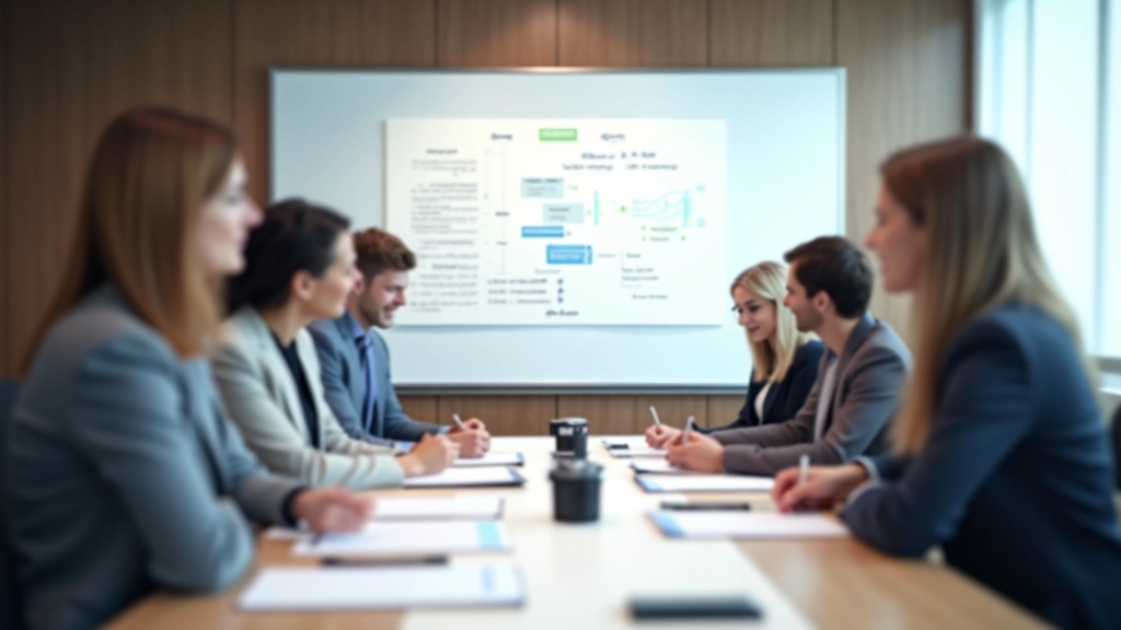 Conference room workspace with organized documents and workflow charts on table