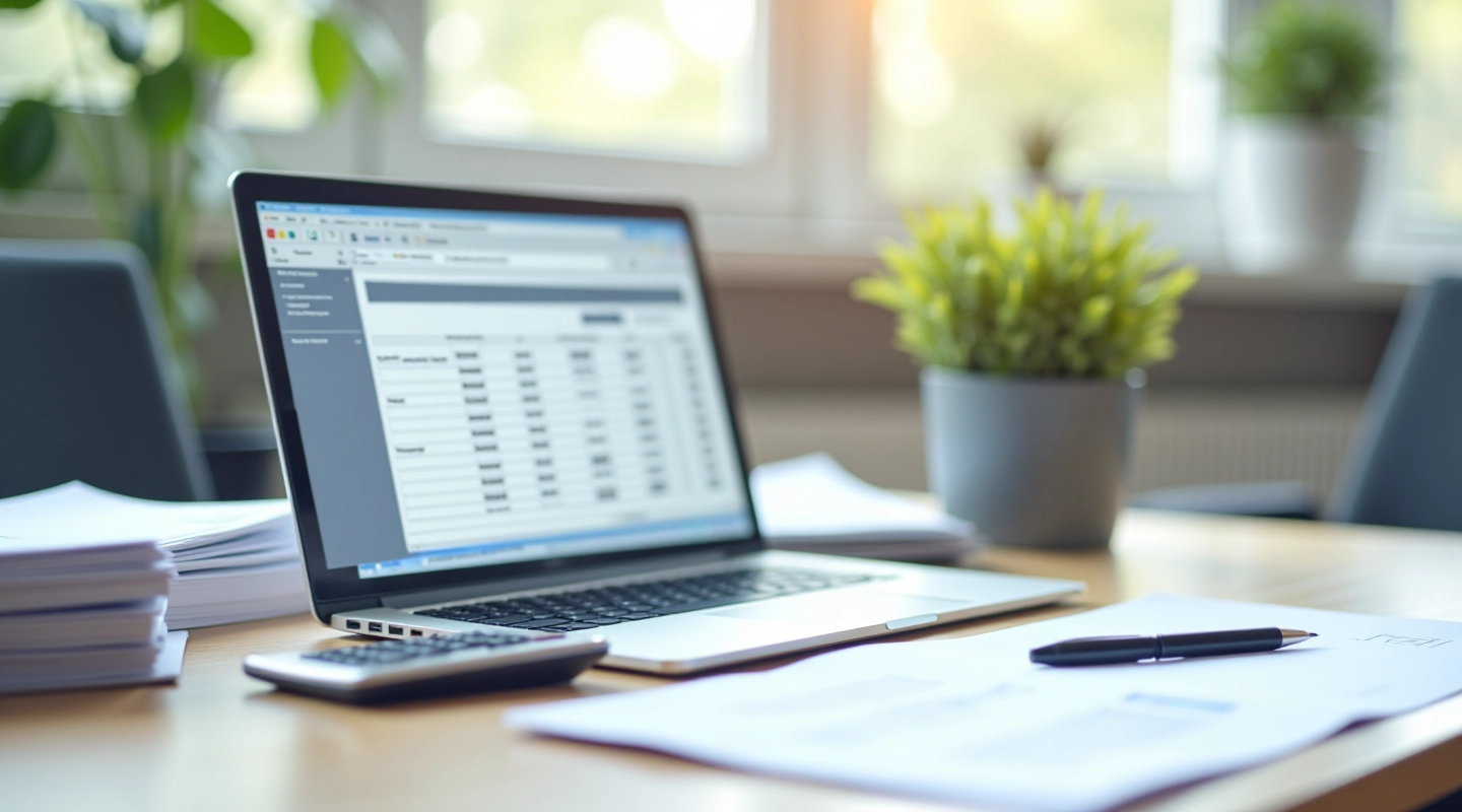 Modern office desk with laptop displaying invoice pipeline workflow diagram