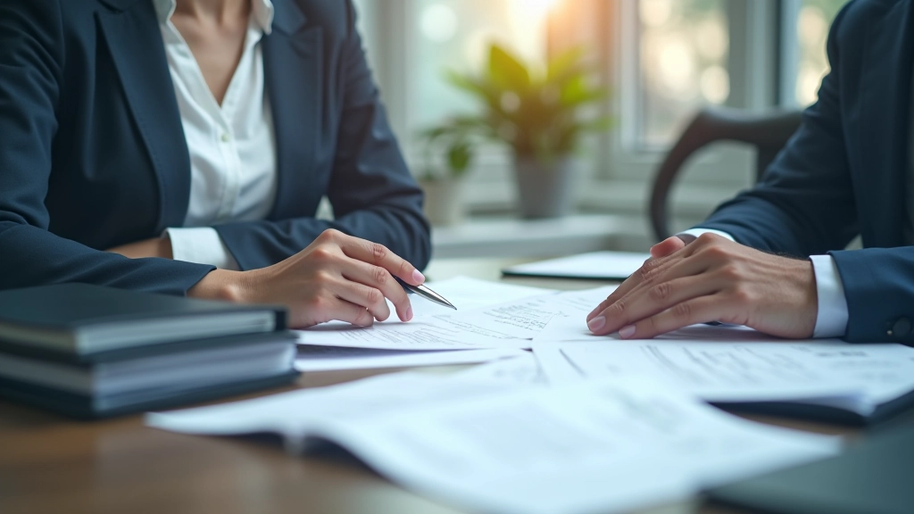 Business professional reviewing documents at desk with multiple organized binders and digital tools